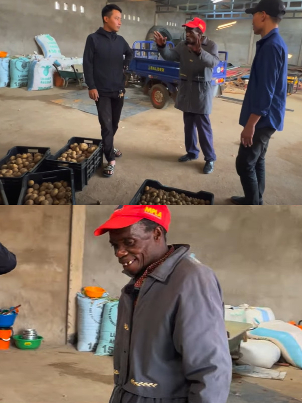  Nụ cười rạng rỡ của bác trưởng thôn khi nhận 10 khay giống khoai tây. (Ảnh: Chụp màn hình YouTube Quang Dũng Vlogs - Cuộc Sống ở Châu Phi)