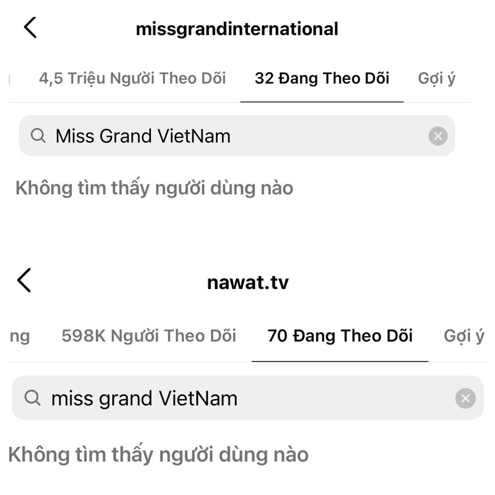 Tài khoản Miss Grand International và tài khoản của Chủ tịch Miss Grand International bỏ theo dõi Miss Grand Vietnam trên Instargram. (Ảnh: Instagram Miss Grand International và Instagram Mr. Nawat) - Tin sao Viet - Tin tuc sao Viet - Scandal sao Viet - Tin tuc cua Sao - Tin cua Sao