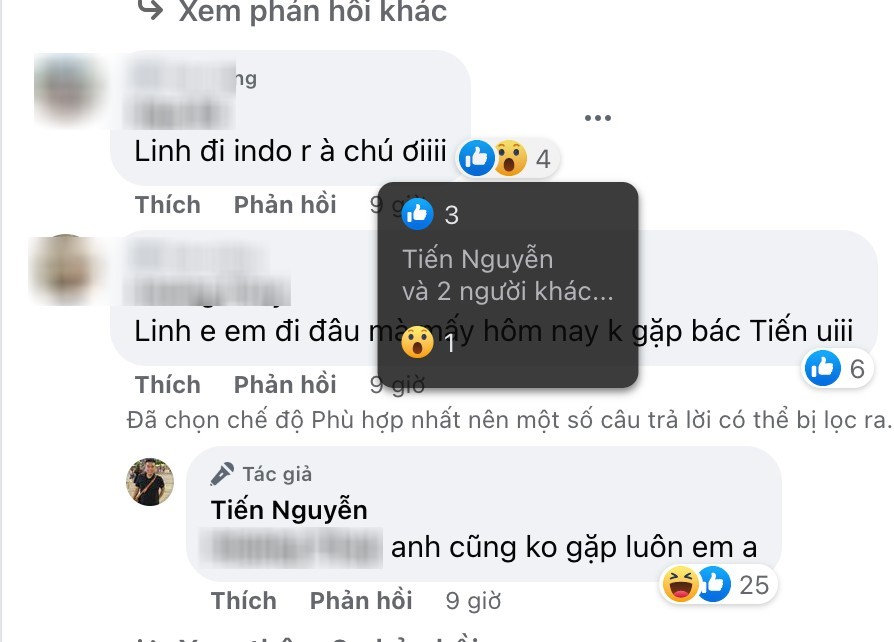  
Thành viên Tiến Nguyễn like bình luận hỏi Quang Linh đi Indonesia rồi à. (Ảnh: FB Tiến Nguyễn)