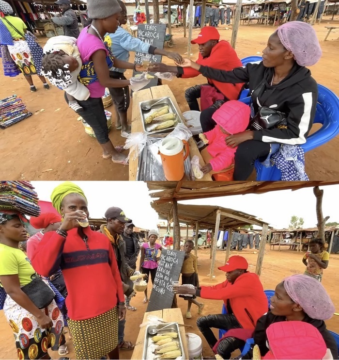  Sạp bán ngô của anh chàng nhanh chóng thu hút rất đông người mua. (Ảnh: Chụp màn hình YouTube Lindo Vlogs - Cuộc Sống ở Châu Phi)