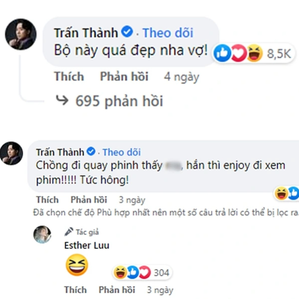  
MC Trấn Thành liên tục để lại bình luận "nịnh" bà xã. (Ảnh: FB Esther Luu) - Tin sao Viet - Tin tuc sao Viet - Scandal sao Viet - Tin tuc cua Sao - Tin cua Sao