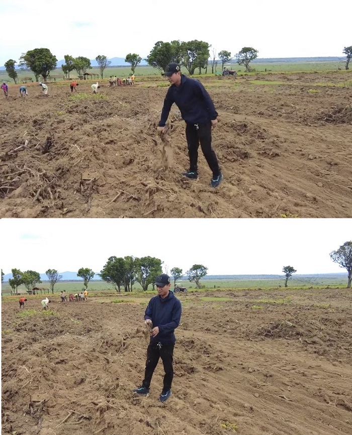 Anh chàng cho biết sẽ lùi lại kế hoạch trồng cỏ sang vụ mùa sau. (Ảnh: Cắt từ clip YouTube Quang Linh Vlogs - Cuộc sống ở Châu Phi)