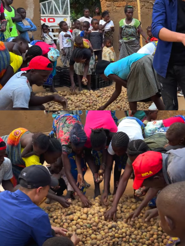  Người dân vui vẻ nhặt khoai giống nhận được. (Ảnh: Chụp màn hình YouTube Quang Dũng Vlogs - Cuộc Sống ở Châu Phi)