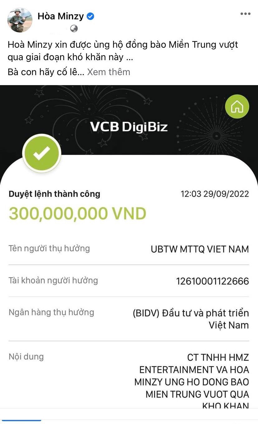  
Nữ ca sĩ nhiều lần hỗ trợ bà con thiệt hại sau bão. (Ảnh: FB Hòa Minzy) - Tin sao Viet - Tin tuc sao Viet - Scandal sao Viet - Tin tuc cua Sao - Tin cua Sao