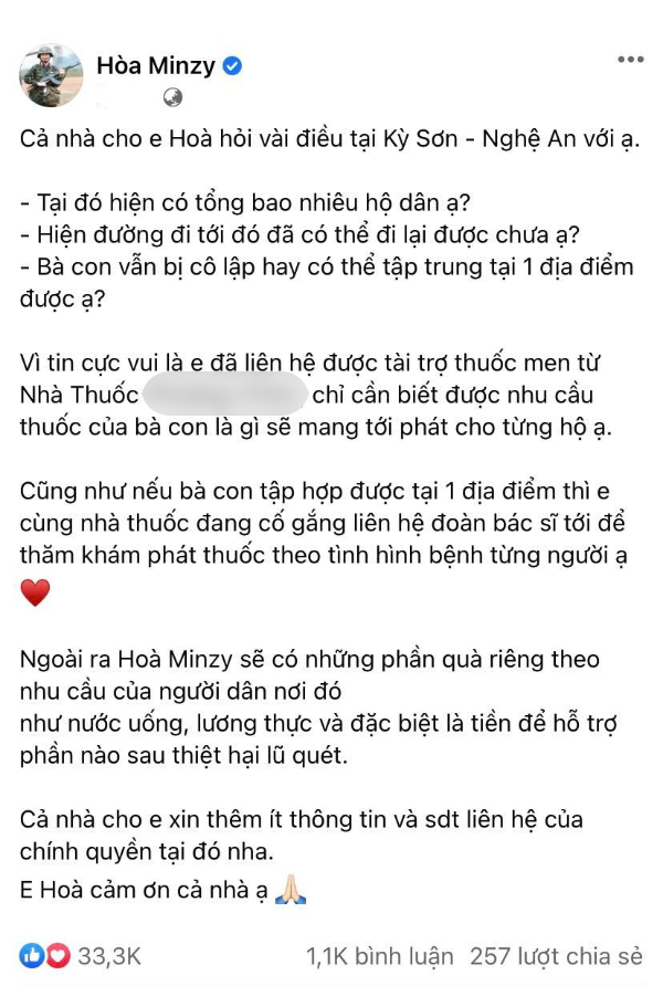  
Hòa Minzy cũng sẽ tới Kỳ Sơn để trao, phát quà ủng hộ bà con. (Ảnh: FB Hòa Minzy) - Tin sao Viet - Tin tuc sao Viet - Scandal sao Viet - Tin tuc cua Sao - Tin cua Sao