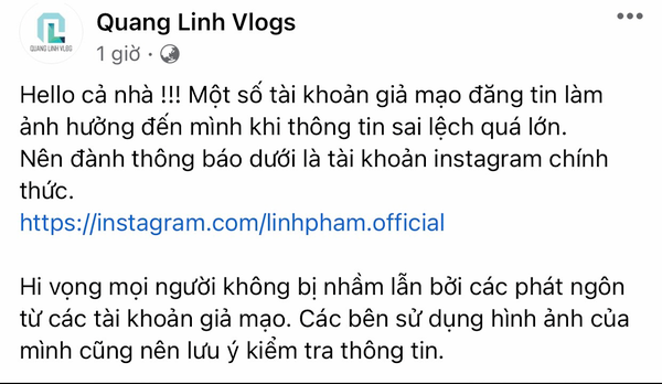  
Quang Linh Vlogs quyết định thông báo tài khoản Instagram chính thức vì có quá nhiều tài khoản giả mạo. (Ảnh: FB Quang Linh Vlogs)