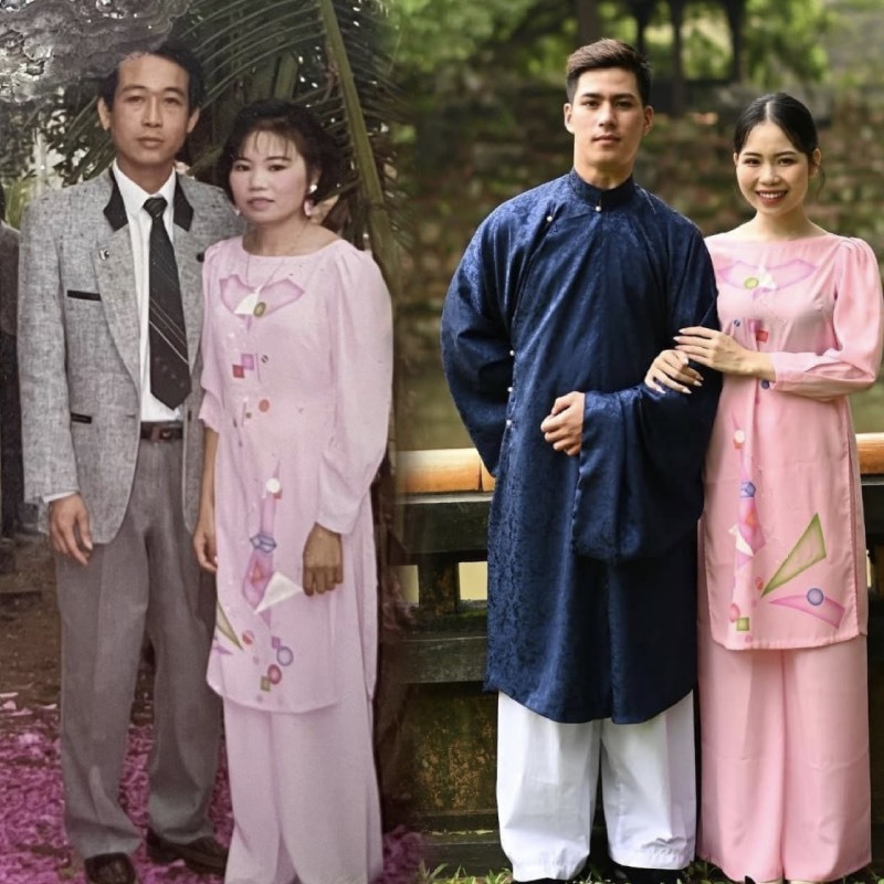 Ảnh cưới của bố mẹ năm 1994 và ảnh cưới của con gái năm 2022. (Ảnh: Thanh Niên)