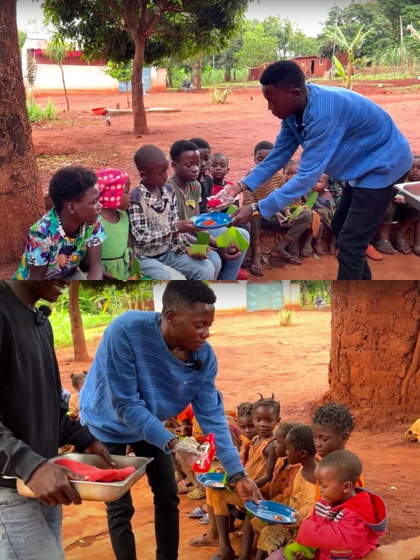  Lindo liên tục mời gọi các cháu dùng tương ớt Việt Nam khi thưởng thức gà rán. (Ảnh: Chụp màn hình YouTube Lindo Vlogs - Cuộc sống ở Châu Phi)