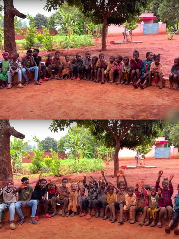  Trẻ em trên bản rất ngoan và lễ phép khi xếp hàng dài chờ đến lượt chứ không hề tranh giành nhau. (Ảnh: Chụp màn hình YouTube Lindo Vlogs - Cuộc sống ở Châu Phi)