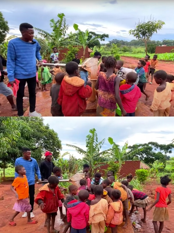  Lindo bơm nước cho các cháu rửa tay sau khi ăn xong. (Ảnh: Chụp màn hình YouTube Lindo Vlogs - Cuộc sống ở Châu Phi)