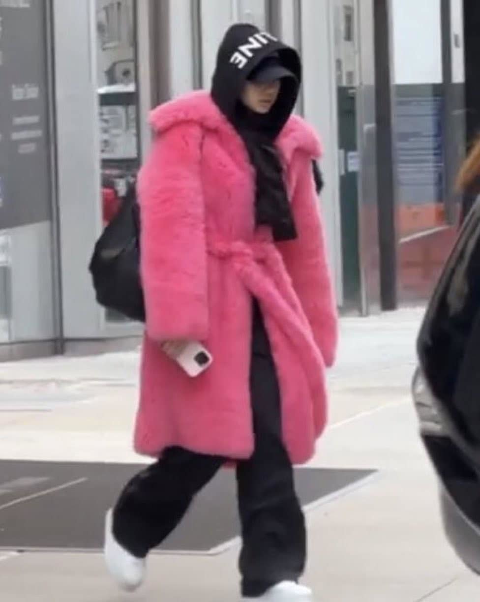  
Lisa nổi bật trên đường phố với chiếc áo lông hồng. (Ảnh: Twitter @Iiliworld)
