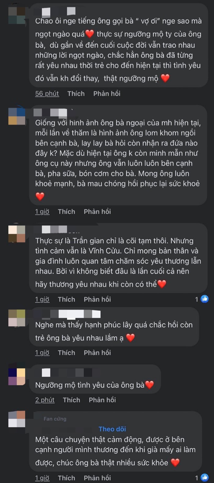  
Nhiều người xúc động trước tình cảm mà cụ ông dành cho cụ bà. (Ảnh chụp màn hình FB Theanh28 Entertainment)