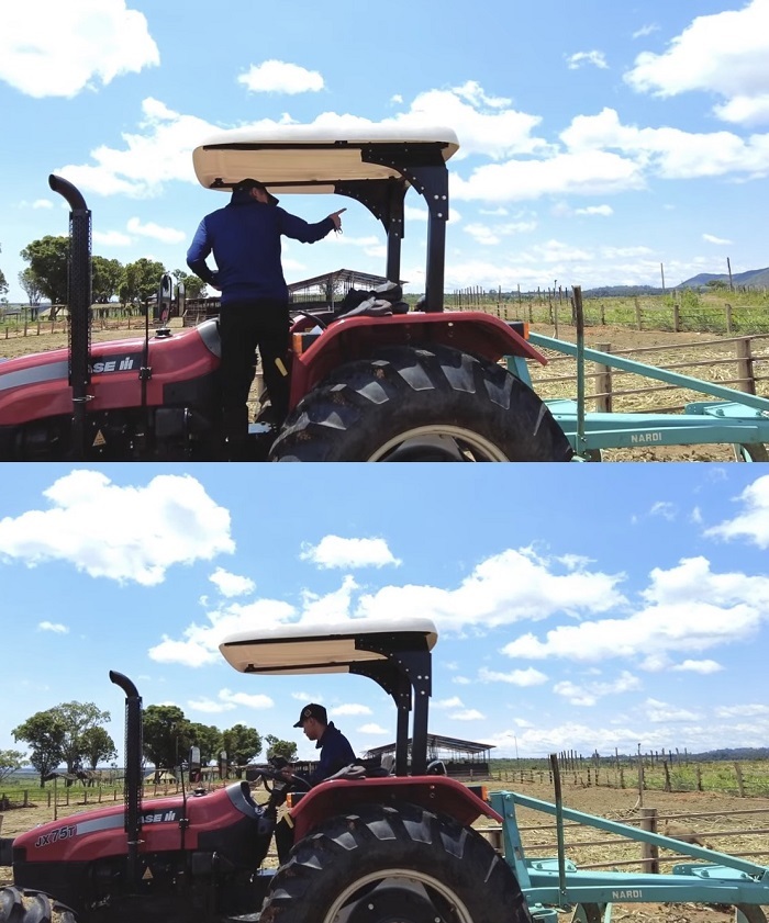  
Nam YouTuber sử dụng máy cày để mở đường, san phẳng lối vào. (Ảnh: Cắt từ clip YouTube Quang Linh Vlogs - Cuộc Sống ở Châu Phi)