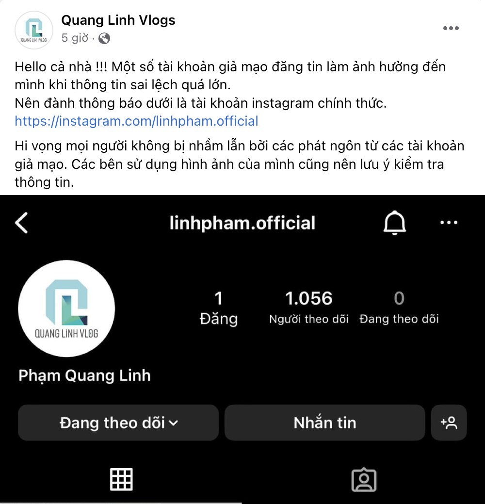  
Quang Linh phải công khai tài khoản instagram chính thức của mình. (Ảnh: FB Quang Linh Vlogs)