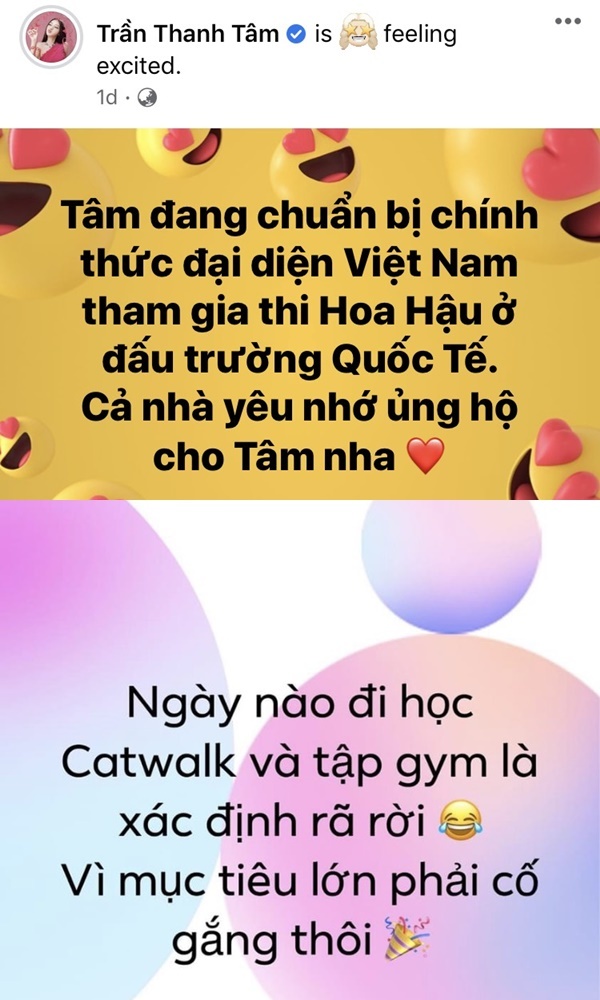  
"Tâm đã và đang chuẩn bị rất kỹ lưỡng, từ tập luyện thể thao, học tiếng Anh, học catwalk, kỹ năng ứng xử", cô chia sẻ thêm. (Ảnh: FB Trần Thanh Tâm)