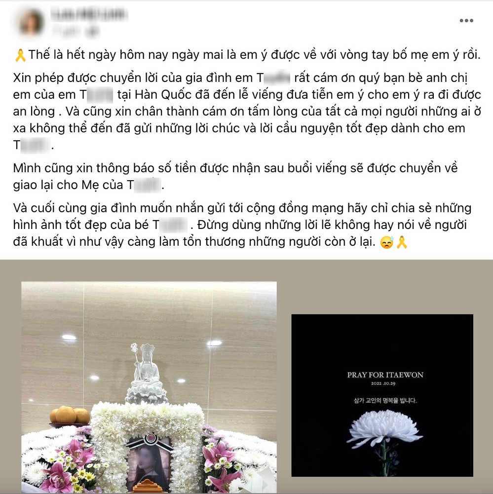  
Bài đăng của người hỗ trợ gia đình nữ sinh Việt tổ chức lễ tang tại Hàn Quốc. (Ảnh: FB L.M.L)