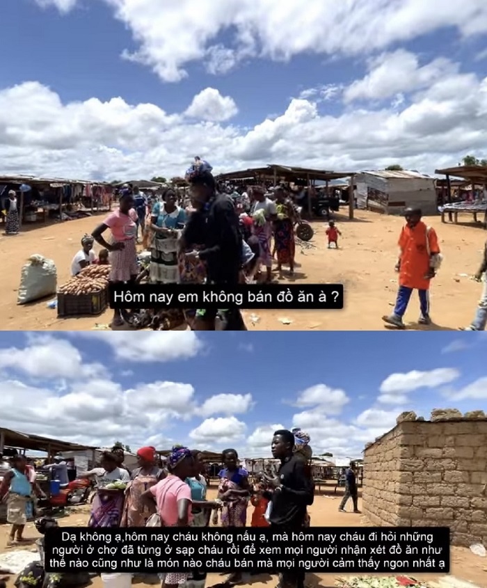  Lindo nghỉ bán một ngày để phỏng vấn mọi người cảm nhận về các món ăn của mình. (Ảnh: YouTube Lindo Vlogs - Cuộc Sống ở Châu Phi)