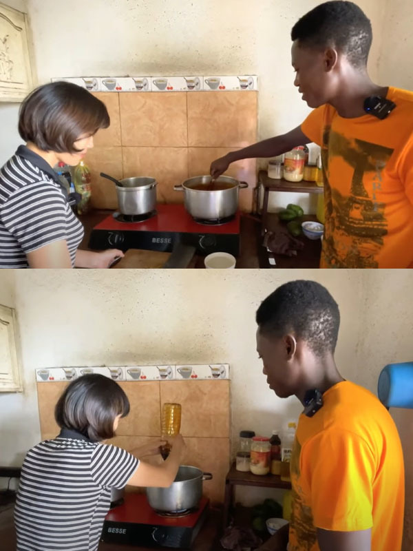  Lindo còn đi học làm kẹo lạc để mang ra chợ bán. (Ảnh: YouTube Lindo Vlogs - Cuộc Sống ở Châu Phi)