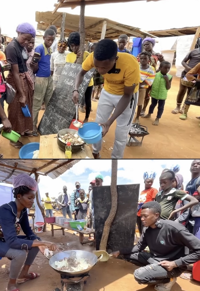  Món thịt kho trứng và thịt bò xào hành tây được Lindo mở bán thu hút rất đông người mua. (Ảnh: YouTube Lindo Vlogs - Cuộc Sống ở Châu Phi)