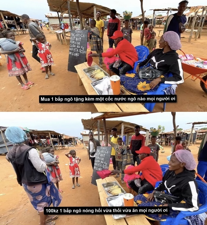  Anh chàng bán ngô luộc tặng kèm nước ngô cũng được bà con cực kỳ ủng hộ. (Ảnh: YouTube Lindo Vlogs - Cuộc Sống ở Châu Phi)