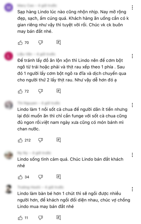  Không ít độc giả đã để lại lời góp ý cho quán ăn của Lindo. (Ảnh: YouTube Lindo Vlogs - Cuộc Sống ở Châu Phi)