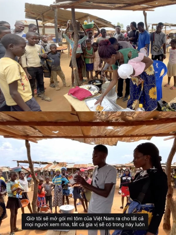  Nhiều món ăn của người Việt được giới thiệu đến bà con châu Phi. (Ảnh: Chụp màn hình Lindo Vlogs - Cuộc Sống ở Châu Phi)