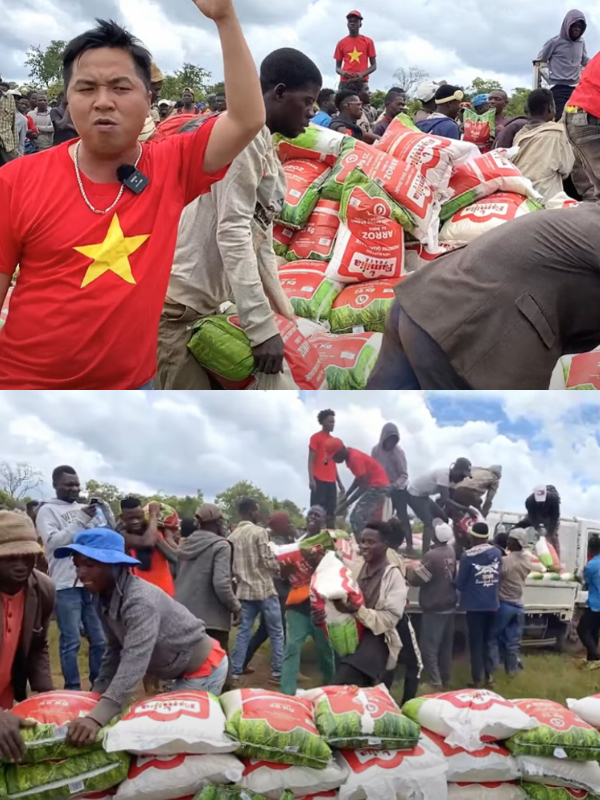  591 bao gạo và rất nhiều phần quà được gửi tới bà con, trẻ em. (Ảnh: Chụp màn hình Đông Paulo Vlogs - Cuộc Sống ở Châu Phi)