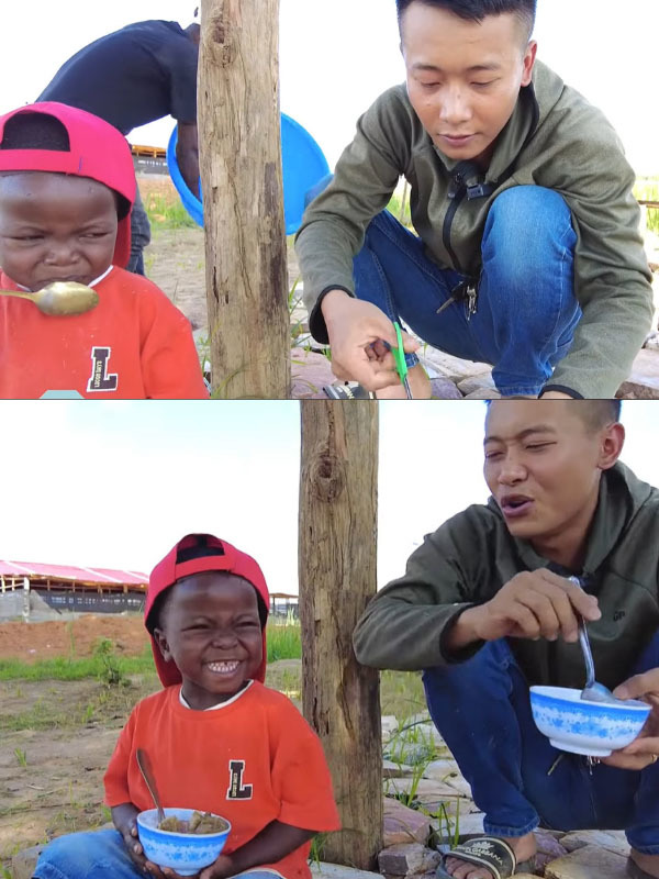  Dù khá khó ăn nhưng cậu bé đã thử mắm tôm thành công. (Ảnh: Chụp màn hình Quang Linh Vlogs - Cuộc Sống ở Châu Phi)