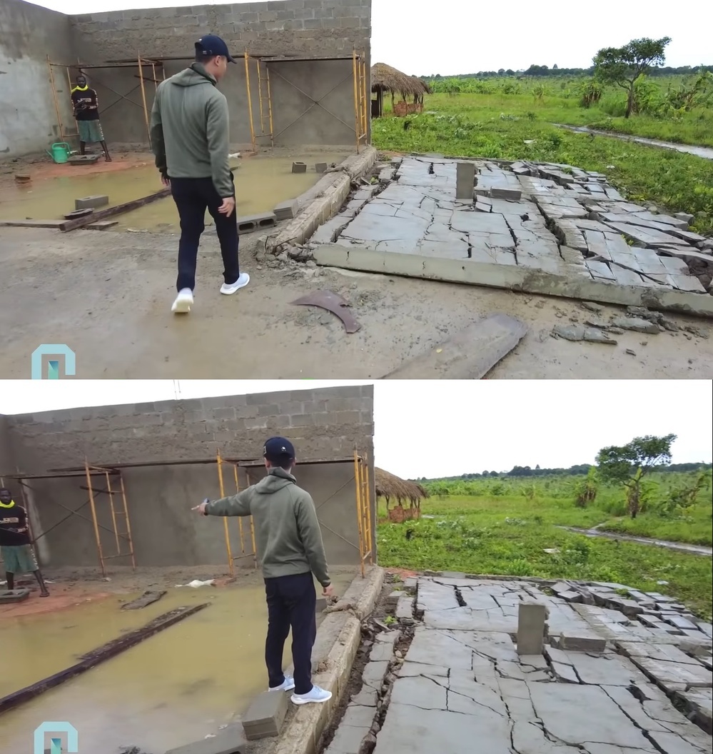 Một nhà kho của anh vừa xây được 10 ngày đã bị sập. (Ảnh: Chụp màn hình YouTube Quang Linh Vlogs)