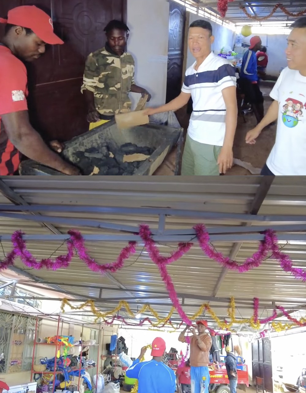  Các thành viên tất bật chuẩn bị sinh nhật cho Quang Linh. (Ảnh: Chụp màn hình Nguyễn Tiến - Cuộc Sống ở Châu Phi)