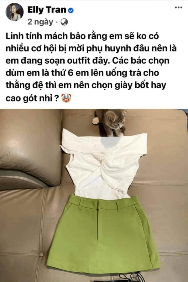  
Trước đó, cô còn "trưng cầu dân ý" outfit đi họp phụ huynh. (Ảnh: FB Elly Trần) - Tin sao Viet - Tin tuc sao Viet - Scandal sao Viet - Tin tuc cua Sao - Tin cua Sao