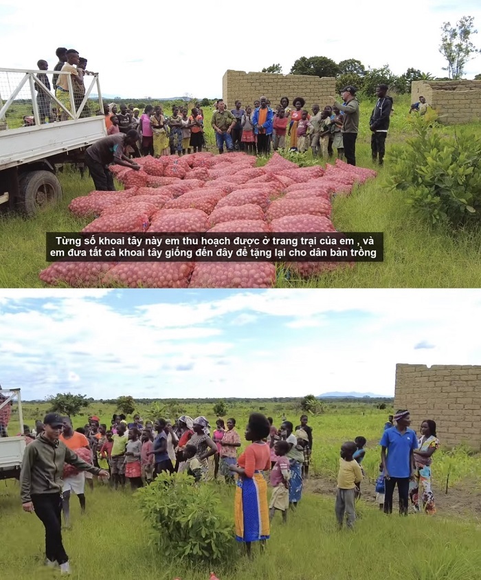  Bà con dân bản hò reo vui mừng khi nhận được số khoai tây của Quang Linh. (Ảnh: Cắt từ clip YouTube Quang Linh Vlogs - Cuộc sống ở Châu Phi)