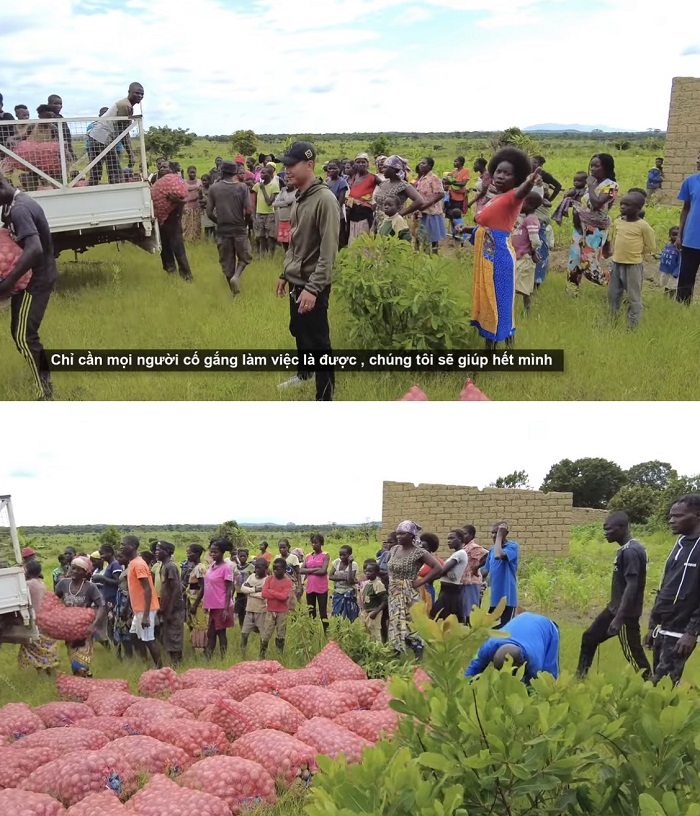  Anh chàng không ngừng động viên bà con cố gắng trồng trọt. (Ảnh: Cắt từ clip YouTube Quang Linh Vlogs - Cuộc sống ở Châu Phi)