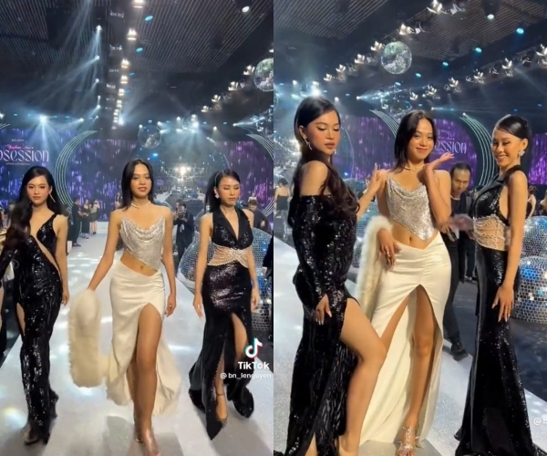  3 người đẹp cũng thử sức đọ trình catwalk trên sàn runway. (Ảnh: Chụp màn hình TikTok bn_lenguyen)