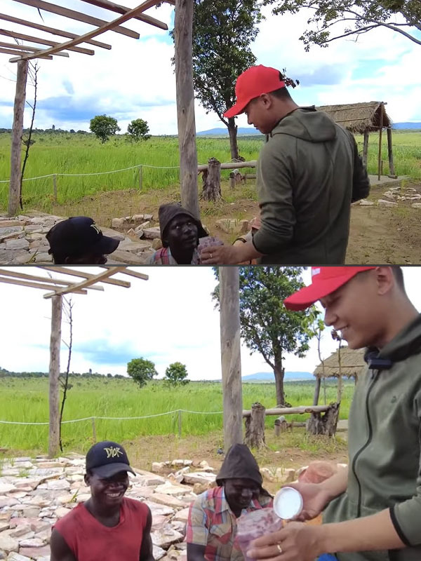  Mọi người khá lúng túng với món mới này. (Ảnh: Chụp màn hình Quang Linh Vlogs - Cuộc Sống ở Châu Phi)