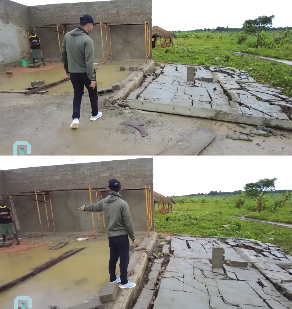  Trong lúc mọi người trú mưa thì ở phía ngoài tường nhà kho bị đổ sập. (Ảnh: Chụp màn hình YouTube Quang Linh Vlogs)