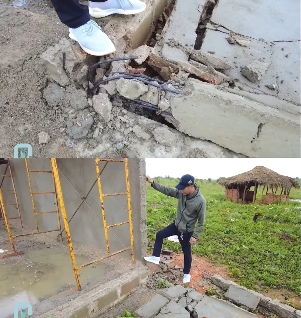  Thợ xây thiếu kinh nghiệm dẫn đến phần cột trụ thiếu kiên cố. (Ảnh: Chụp màn hình YouTube Quang Linh Vlogs)