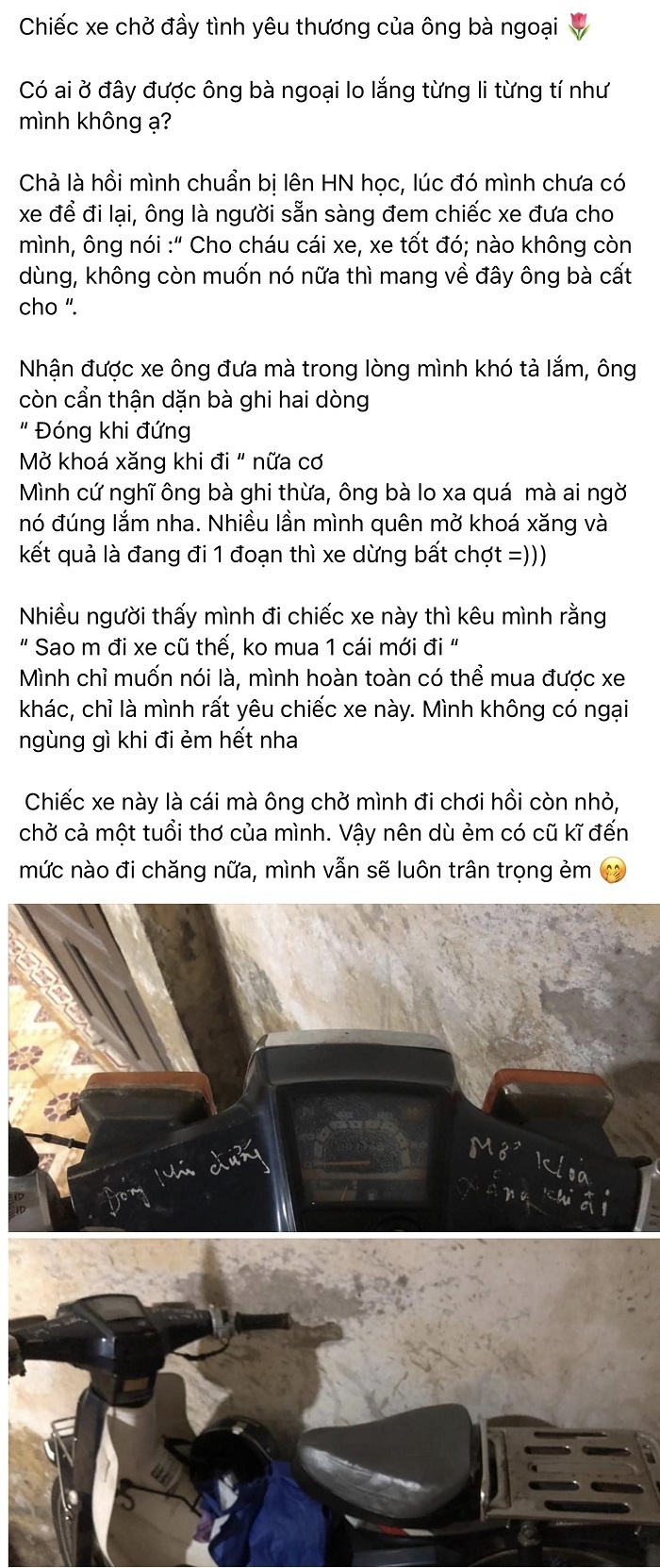  
Chiếc xe được người ông nâng niu trân trọng trao cho cháu gái của mình. (Ảnh: FB P.N.Y)