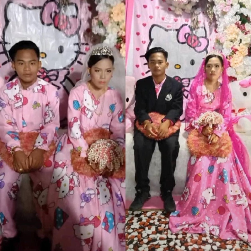  
Váy cưới và âu phục của cô dâu, chú rể có màu hồng, in hình Hello Kitty. (Ảnh: Asiaone)