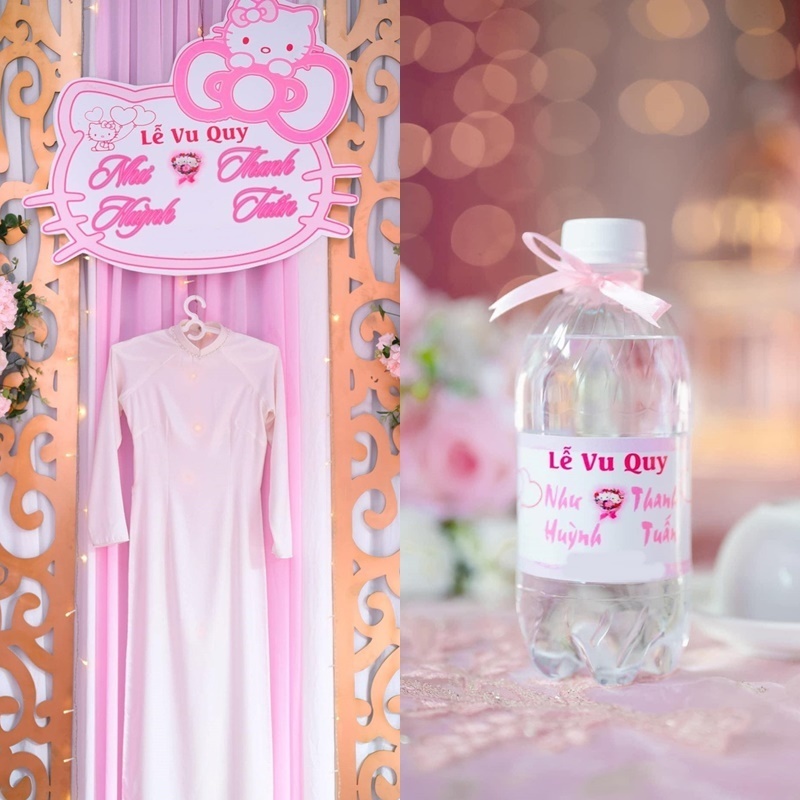  
Đến cả chai nước cũng được tỉ mỉ dán nhãn Hello Kitty xinh xắn. (Ảnh: Zing News)