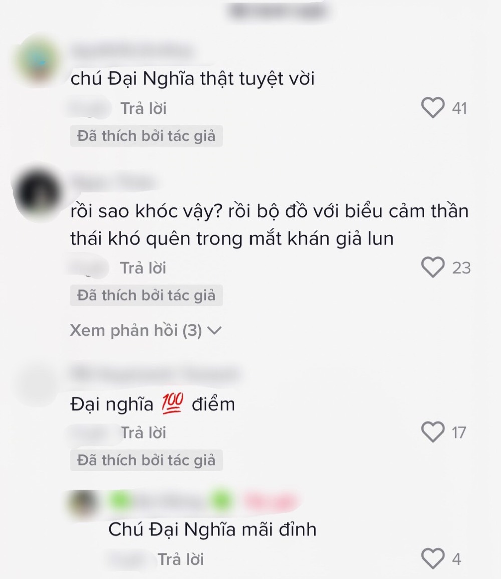  
Khán giả không tiếc lời khen ngợi hành động của Đại Nghĩa. (Ảnh: TikTok muayeuthuong1110)