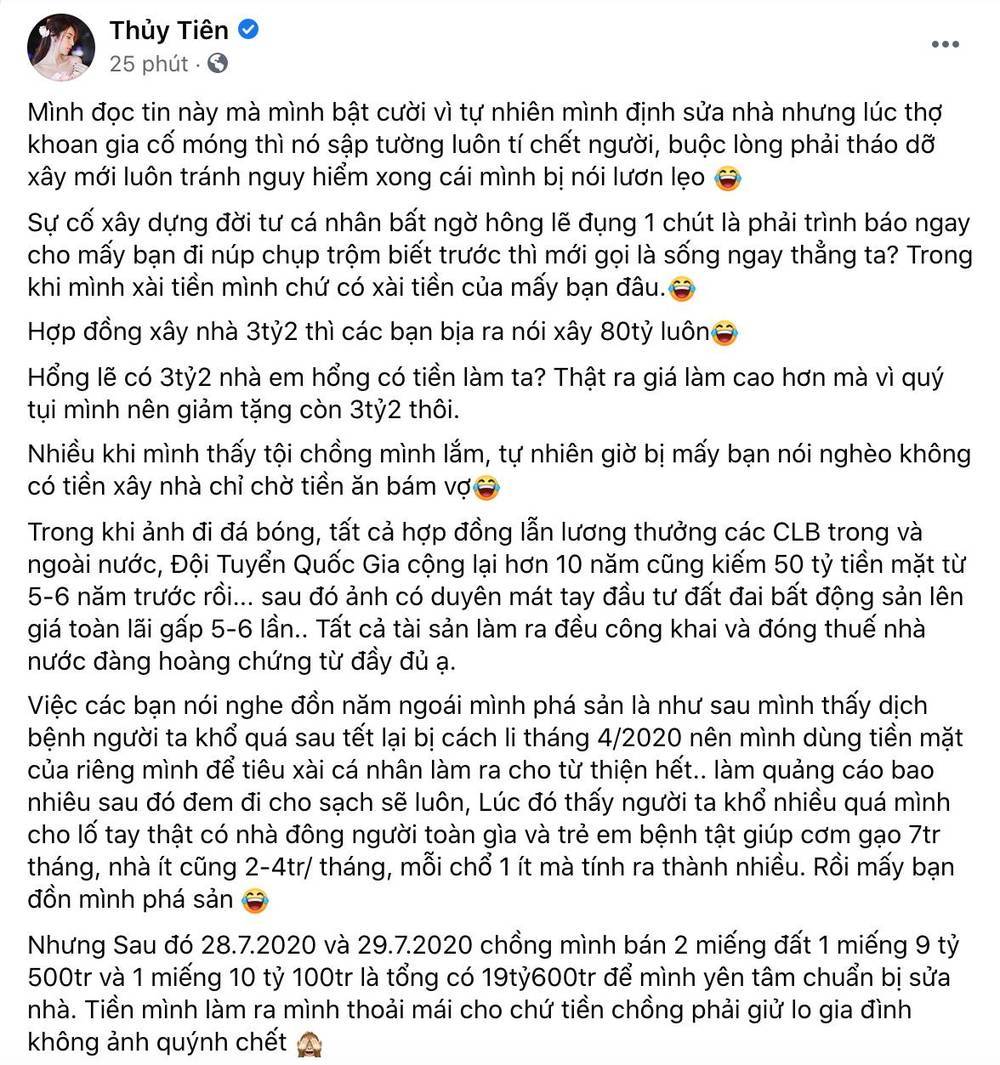  
Thủy Tiên bức xúc khi giá trị căn nhà mới bị bịa ra đến 80 tỷ đồng. (Ảnh: Chụp màn hình Facebook Thủy Tiên)