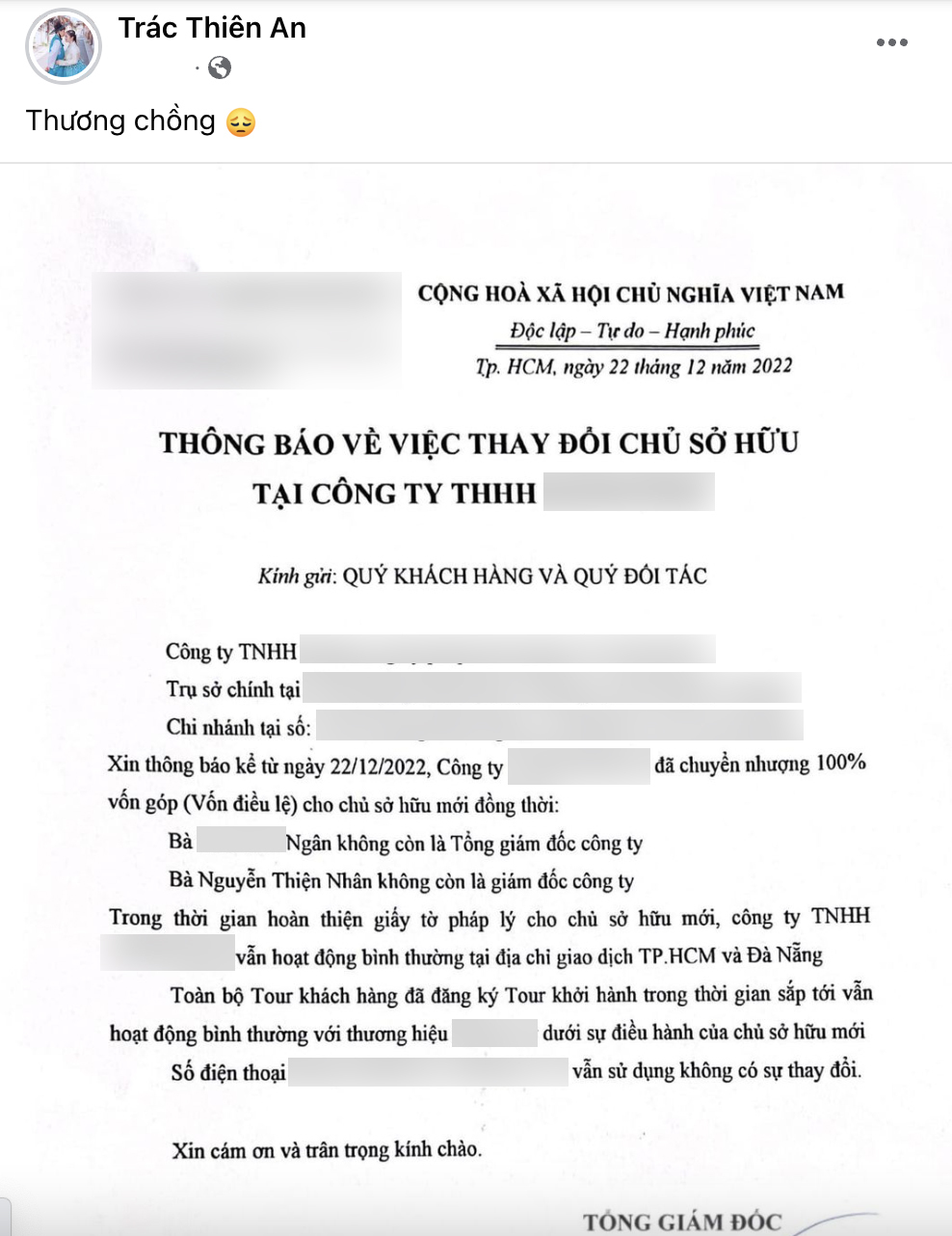  
Thiện Nhân thông báo về việc công ty du lịch đã đổi chủ, cô không còn là Giám đốc. (Ảnh: FB Trác Thiên An)