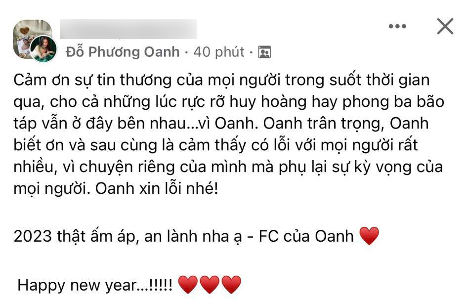  
Phương Oanh gửi lời xin lỗi người hâm mộ về chuyện tình cảm của mình. (Ảnh: FB Đỗ Phương Oanh) - Tin sao Viet - Tin tuc sao Viet - Scandal sao Viet - Tin tuc cua Sao - Tin cua Sao