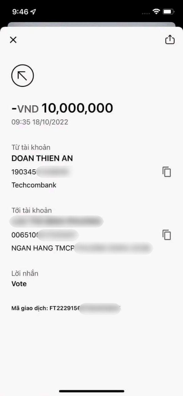  
Nội dung chuyển khoản chỉ có một từ "Vote". (Ảnh: Vietgiaitri) - Tin sao Viet - Tin tuc sao Viet - Scandal sao Viet - Tin tuc cua Sao - Tin cua Sao