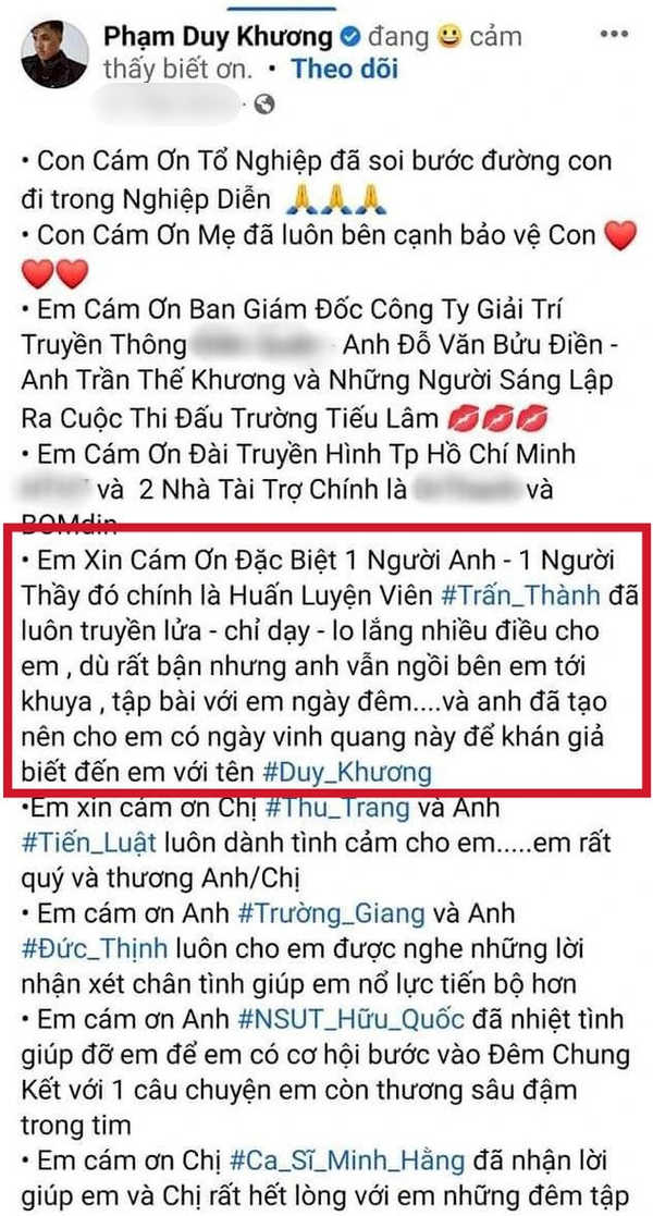  
Bài viết của anh sau khi đăng quang chương trình. (Ảnh: FB Duy Khương)