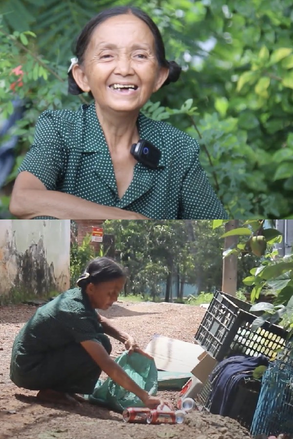  
Cụ bà với nụ cười hiền từ nhặt ve chai để mưu sinh. (Ảnh: Pháp Luật)