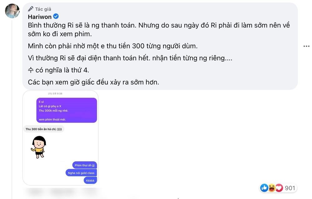  
Cô để lộ thông tin về việc chia tiền hóa đơn giữa các thành viên. (Ảnh: Chụp màn hình FB Hari Won) - Tin sao Viet - Tin tuc sao Viet - Scandal sao Viet - Tin tuc cua Sao - Tin cua Sao