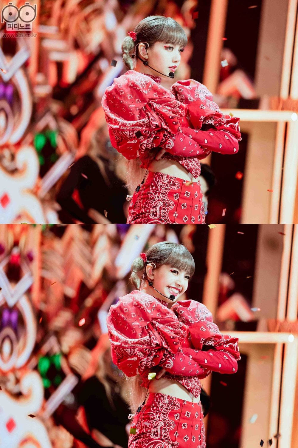  
Không hẹn mà gặp, Lisa cũng lựa chọn sắc đỏ cho sân khấu debut solo tại Hàn giống Jennie. (Ảnh: SBS)