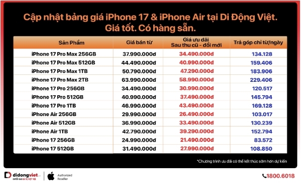 Bảng giá iPhone 17, iPhone Air mới nhất tại Di Động Việt.  
Bảng giá iPhone 17, iPhone Air mới nhất tại Di Động Việt. - Tin sao Viet - Tin tuc sao Viet - Scandal sao Viet - Tin tuc cua Sao - Tin cua Sao
